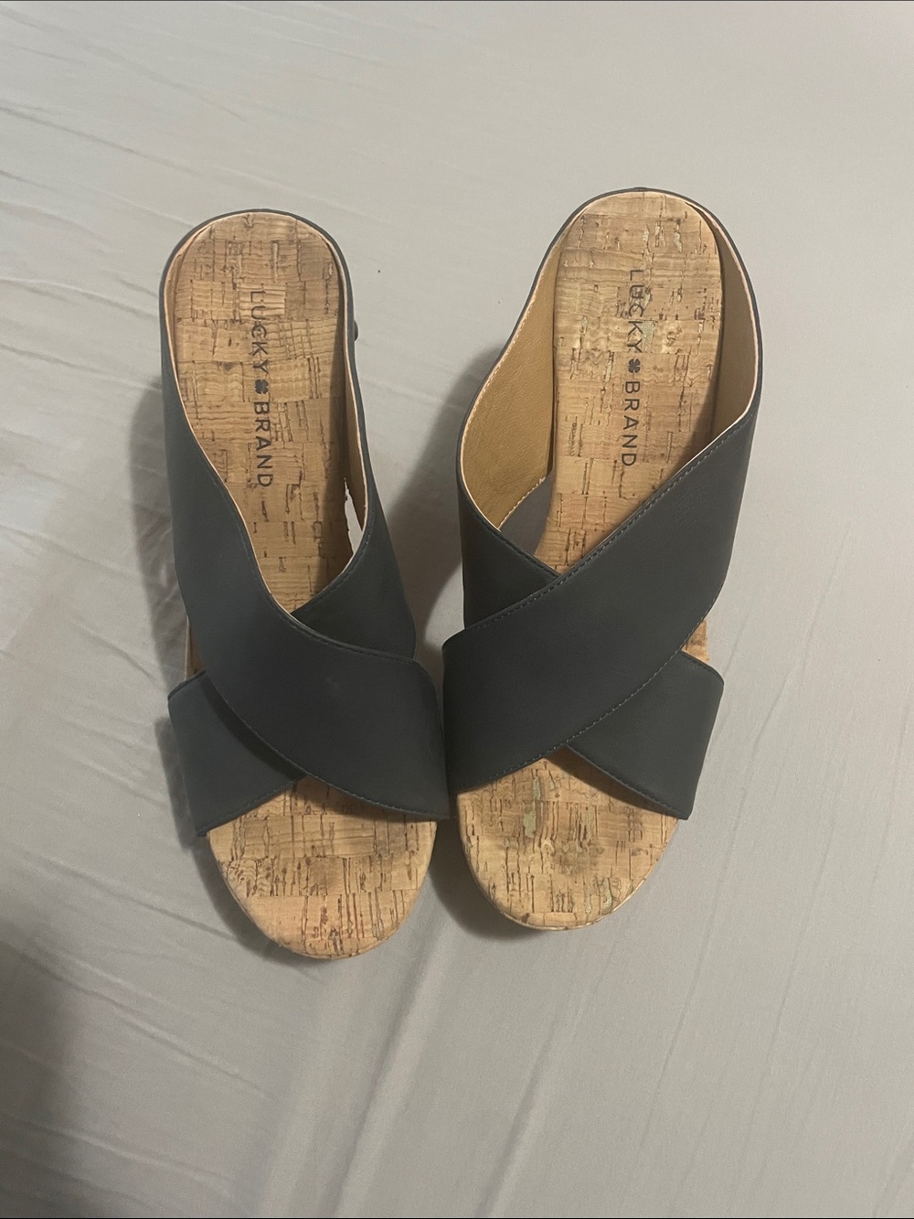Lucky Brand Blue Cork Crossover Wedge Sandals